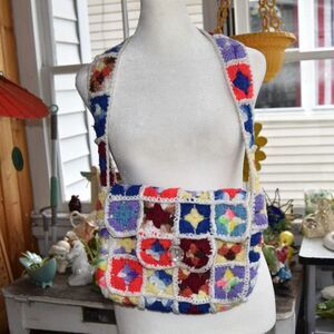 Vintage Handmade Granny Square Crochet Shoulder Bag Boho Hippie Folk Purse